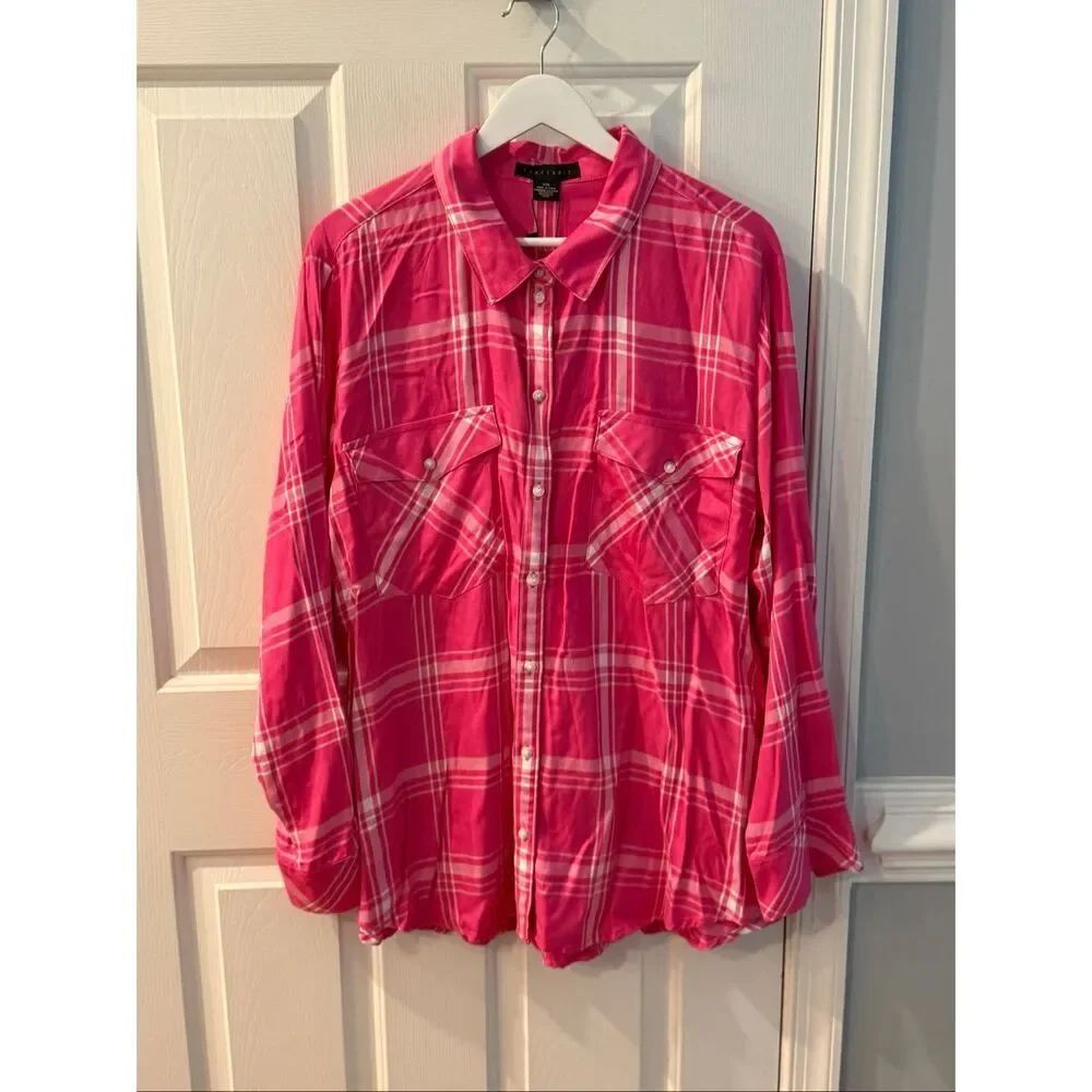 Sanctuary Pink & White Plaid Boyfriend Button Down Shirt sz XXL NWT